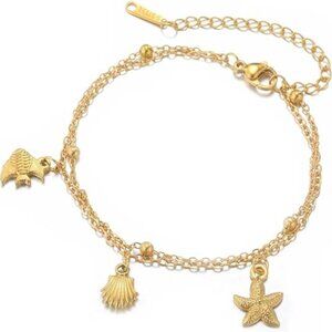 Tropical Fish Shell Starfish,Gold Color Stainless Steel Ocean Charm Bracelet